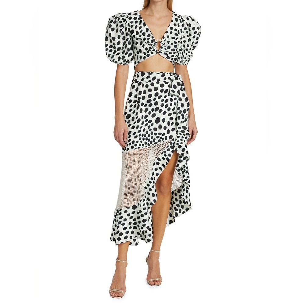PatBO Bossa Polka Dot & Lace Midi Skirt